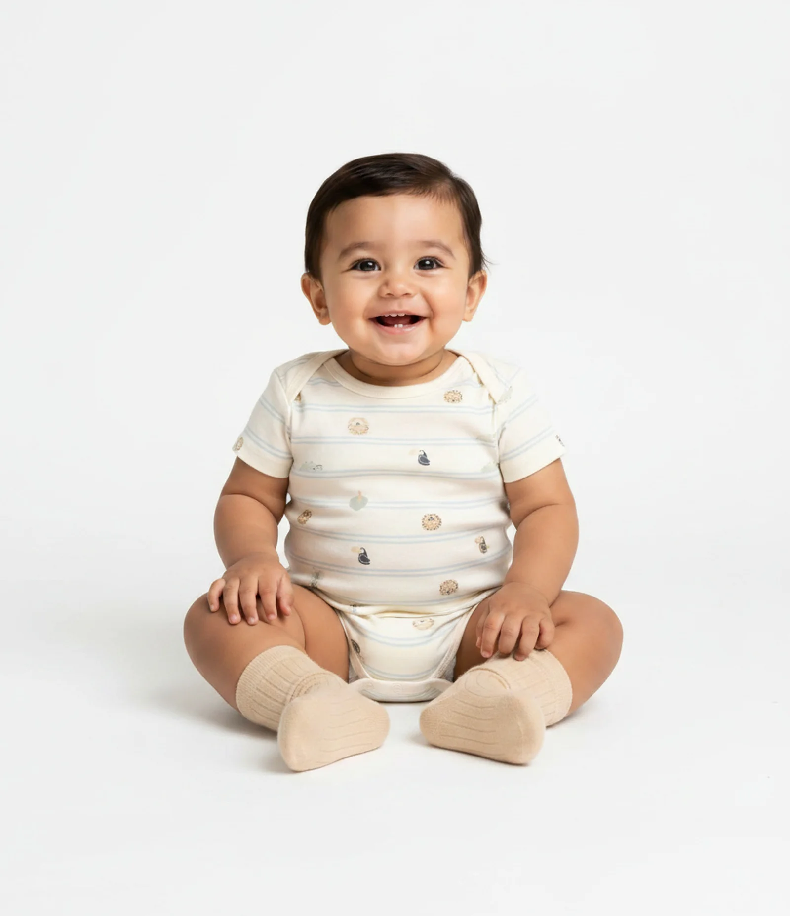 Body Bebê Listrado com Estampa Ícones Fauna – Tam 0 a 18 Meses Bege Claro 1
