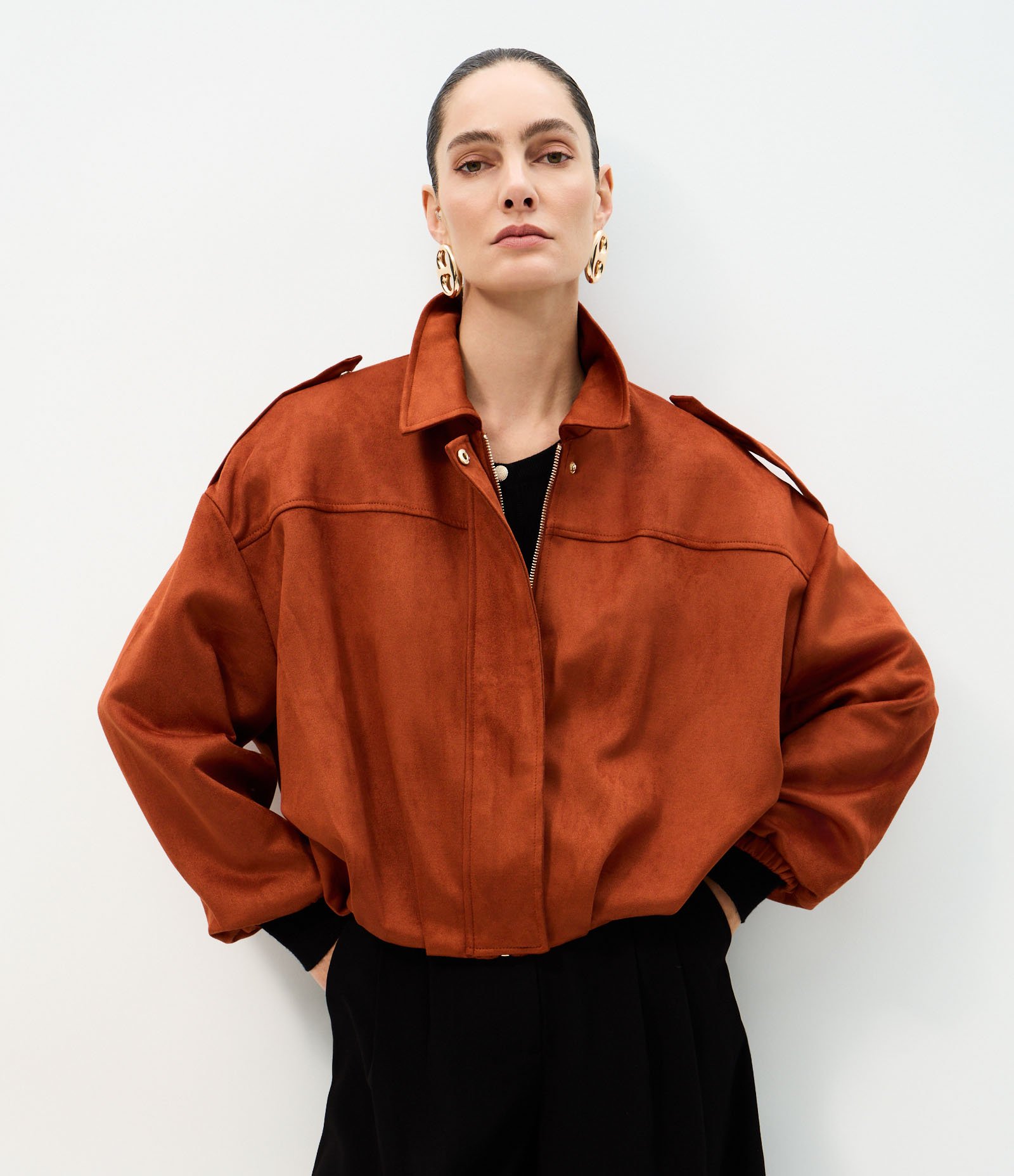Jaqueta Bomber Suede Com Gola Clássica Laranja 1