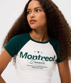 Camiseta em Algodão com Lettering Montreal e Cava Raglan