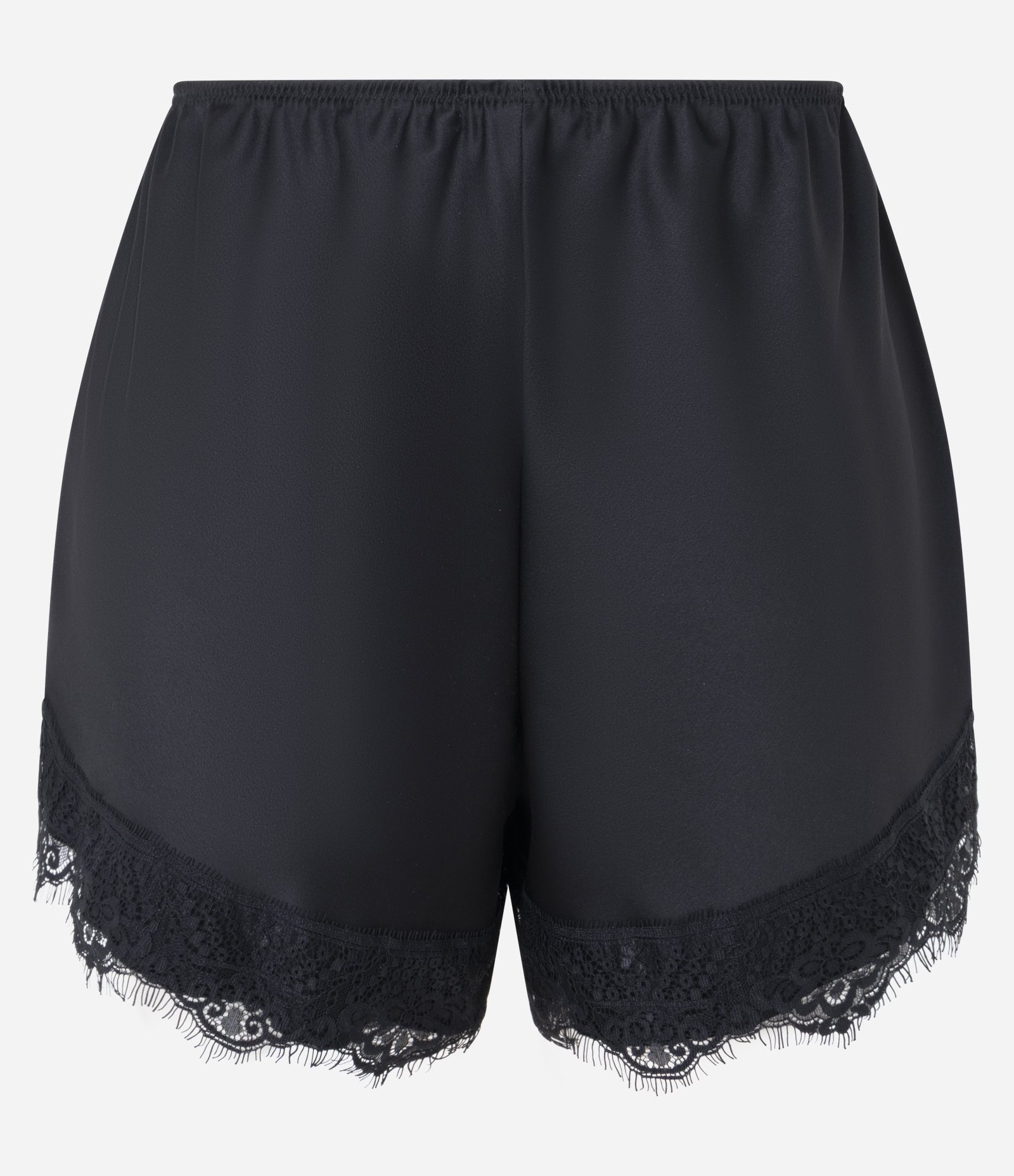 Short Curto em Cetim com Renda na Barra Preto 3