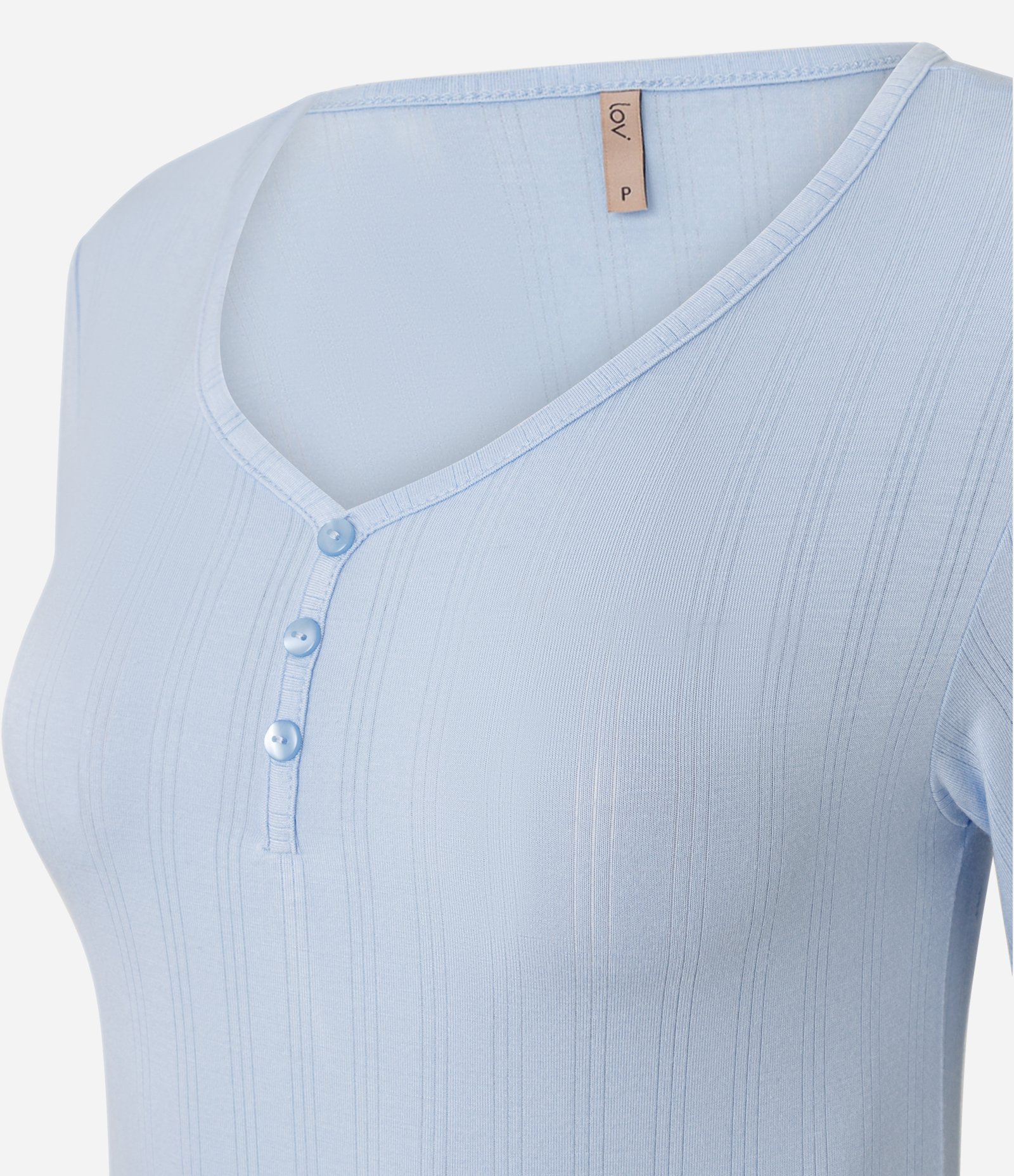 Blusa de Pijama em Ribana com Decote V e Botões Azul 6