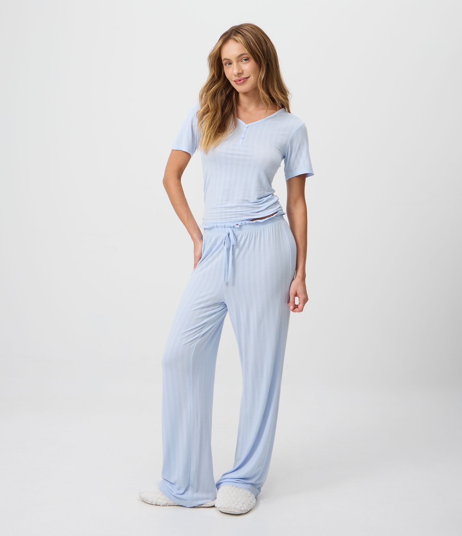 Blusa de Pijama em Ribana com Decote V e Botões Azul 2