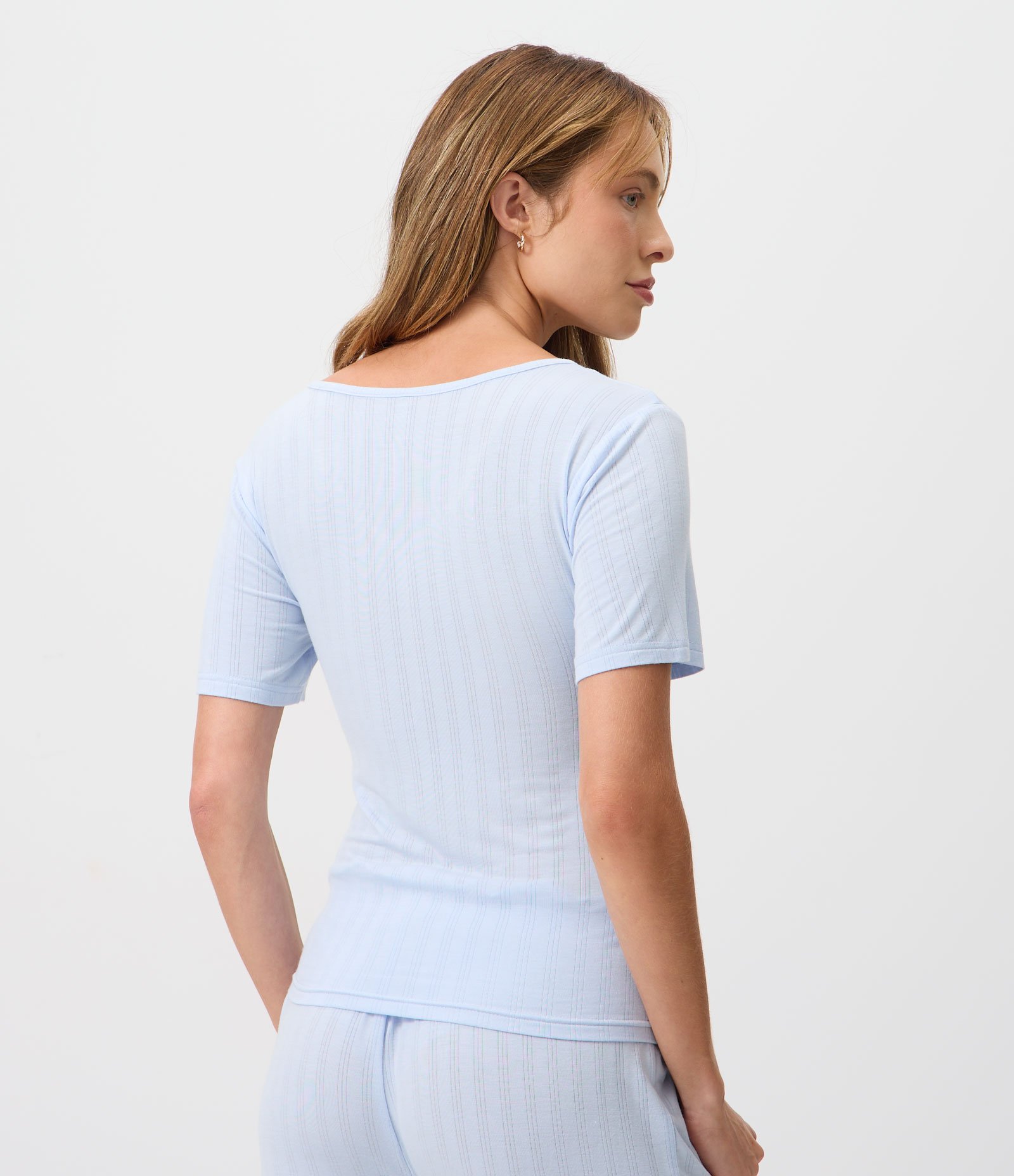 Blusa de Pijama em Ribana com Decote V e Botões Azul 4