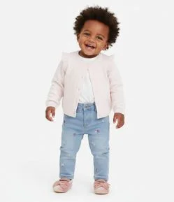 Calça Jeans Bebê com Bordado de Flores - Tam 3 A 18 Meses