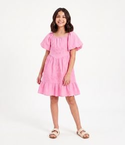 Vestido Infantil com Bordado e Mangas Bufantes - Tam 5 a 16 Anos