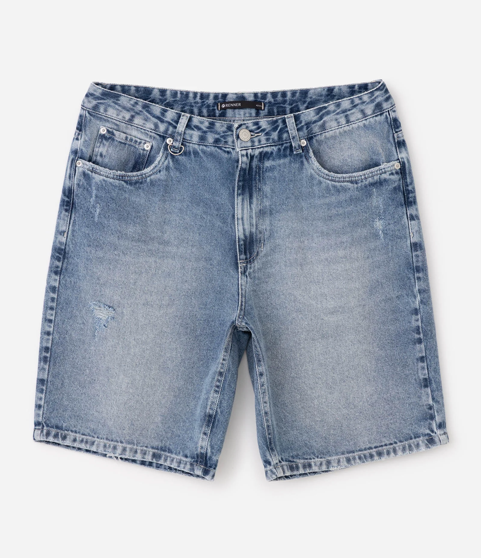 Bermuda Jeans Reta com Puídos Azul 1