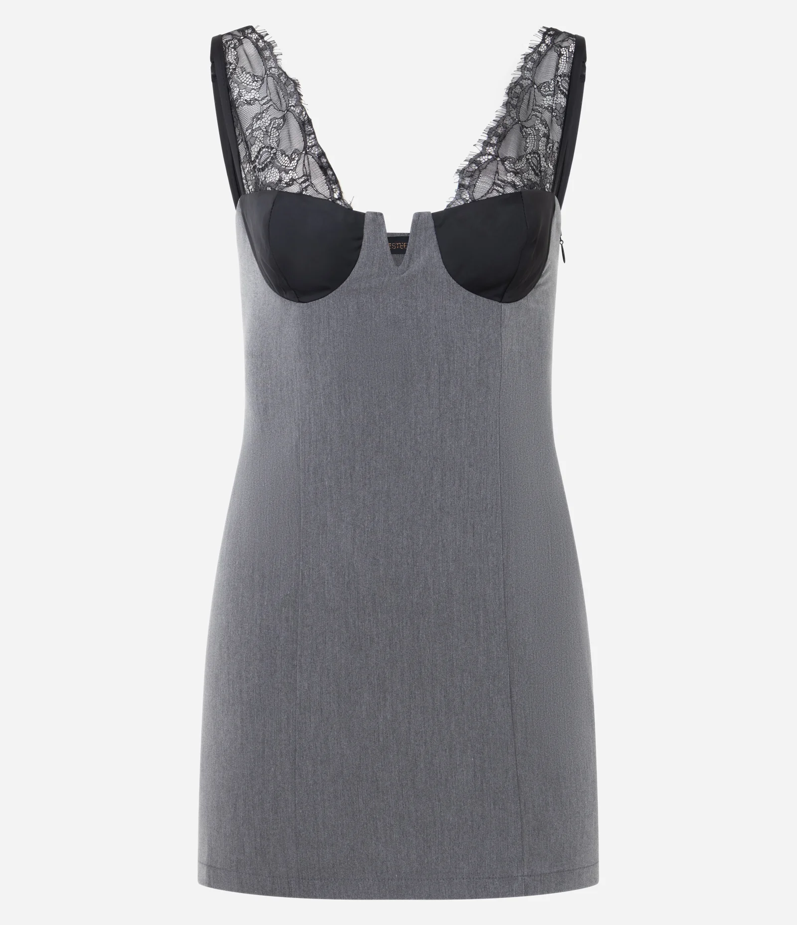 Vestido Curto de Alcinha com Recorte Lingerie e Decote V Cinza 1