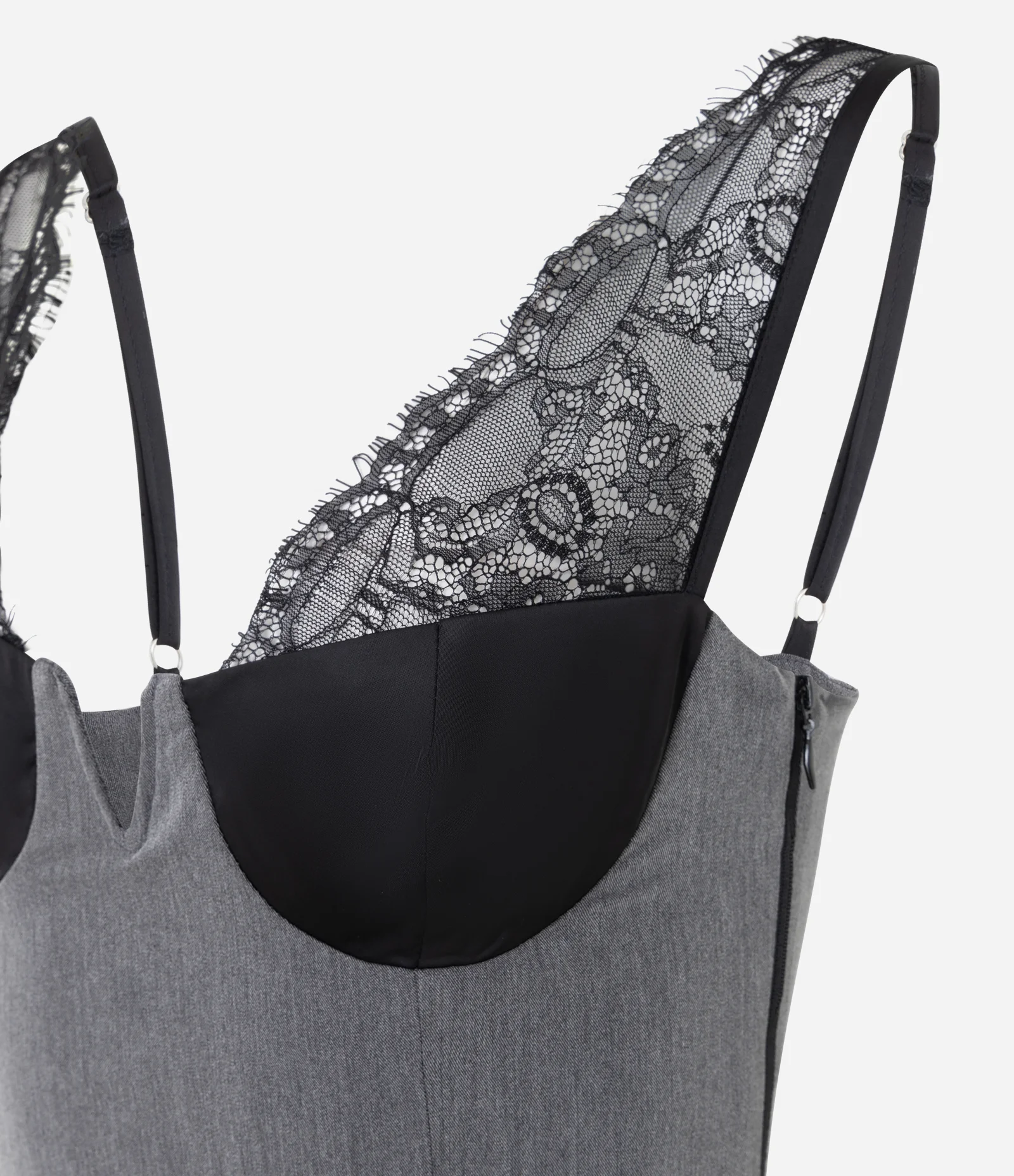 Vestido Curto de Alcinha com Recorte Lingerie e Decote V Cinza 2