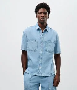 Camisa Jeans Listrada Boxy Manga Curta
