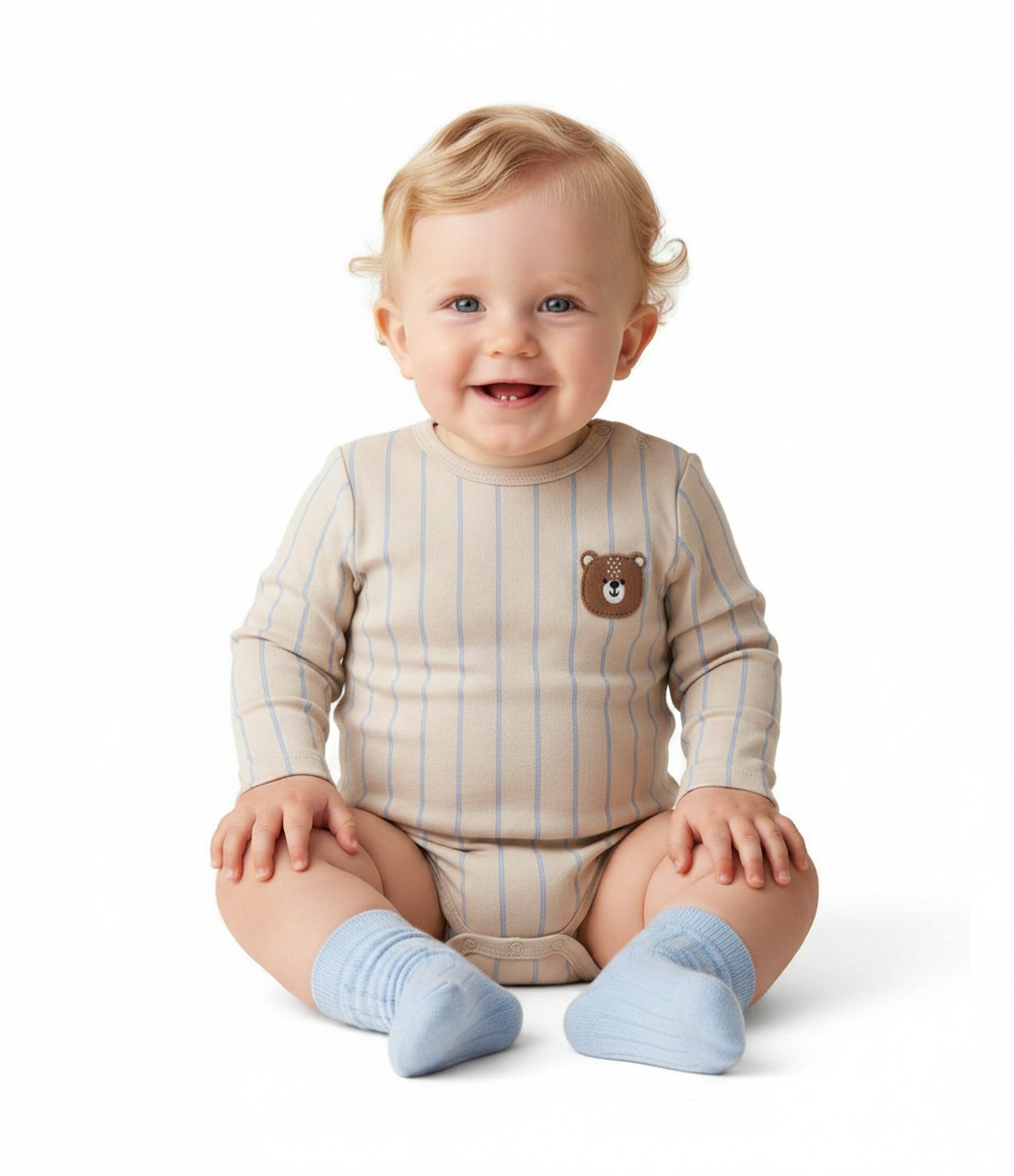 Body Bebê Listrado com Carinha de Urso em Relevo – Tam 0 a 18 Meses Bege 1