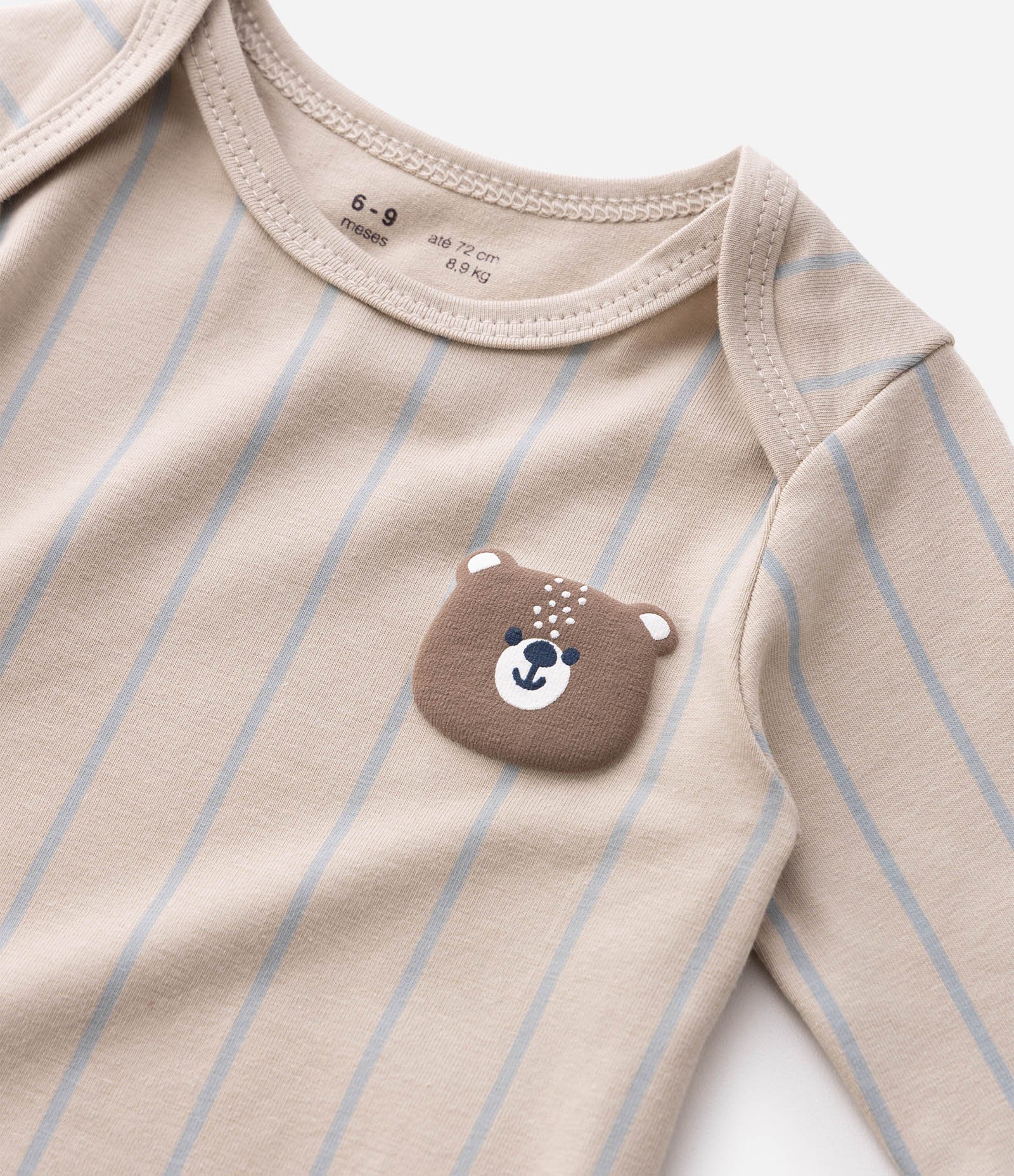 Body Bebê Listrado com Carinha de Urso em Relevo – Tam 0 a 18 Meses Bege 5
