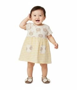 Vestido Infantil com Estampa de Ursinho e Bolsos - Tam 0 a 18 Meses