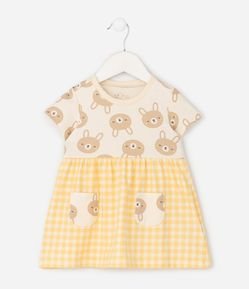Vestido Infantil em Algodão e Estampa de Bichos com Bolsos - Tam 0 a 18 Meses