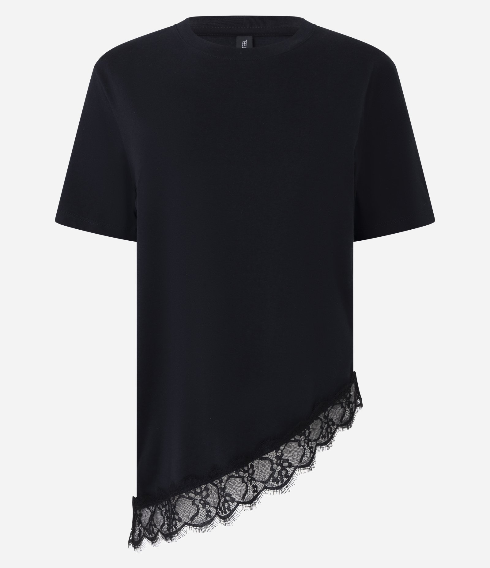 Camiseta Alongada em Algodão com Barra Assimétrica Rendada Preto 1