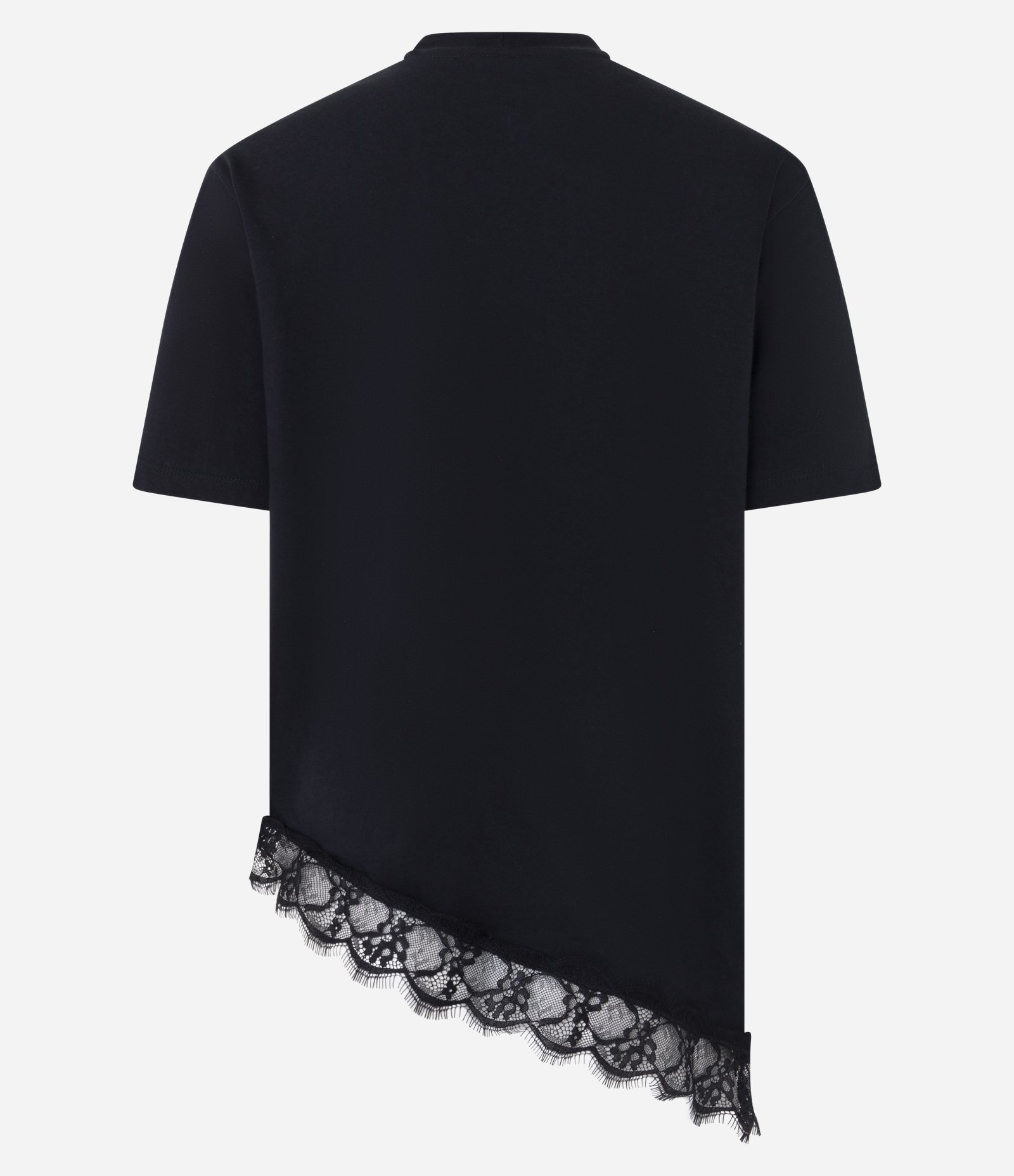 Camiseta Alongada em Algodão com Barra Assimétrica Rendada Preto 2