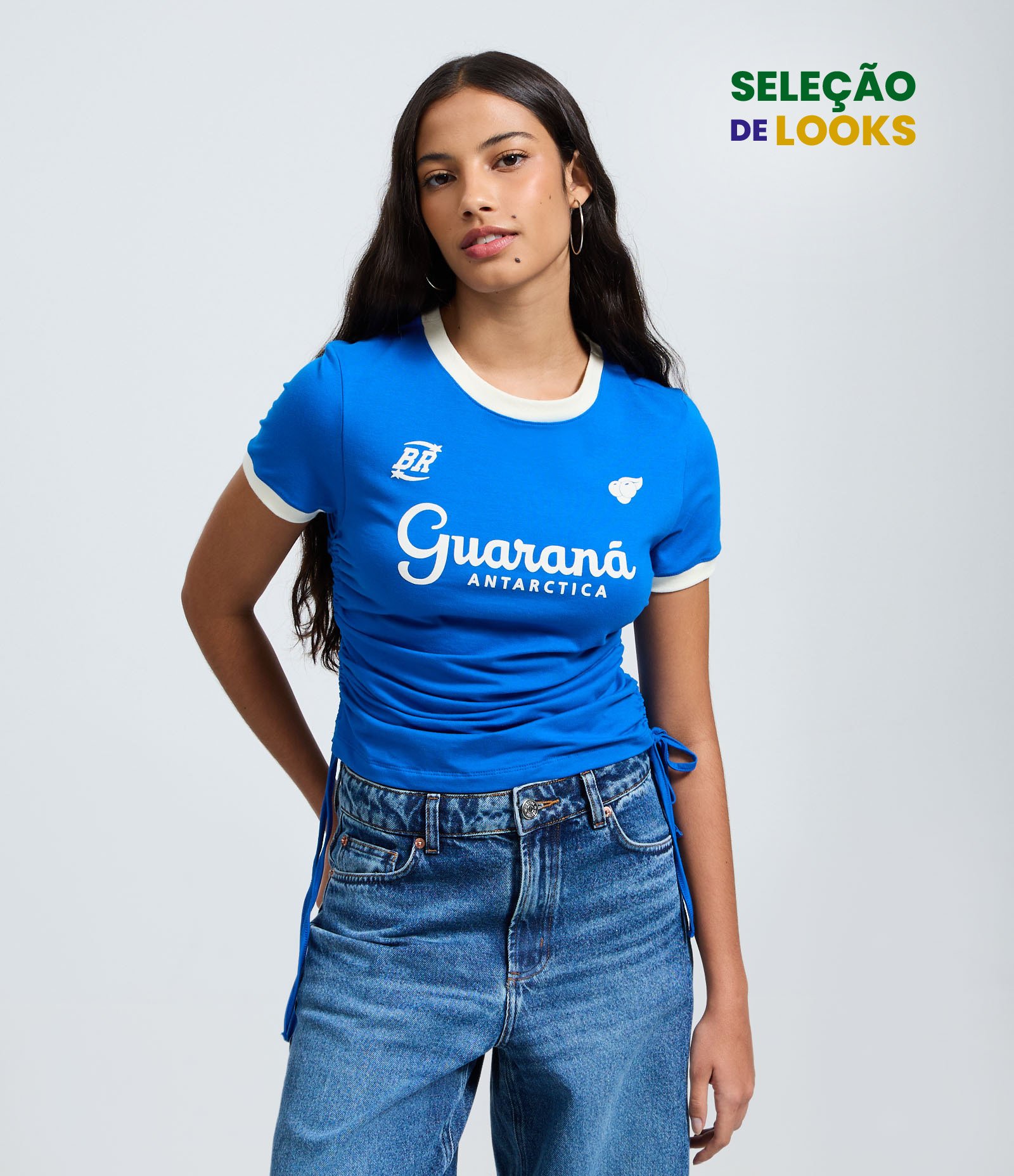 Camiseta em Algodão com Estampa Guaraná e Amarração Lateral Azul 1