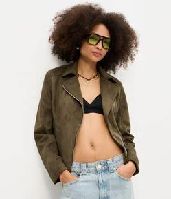 Jaqueta Biker em Suede com Bolsos e Zíper