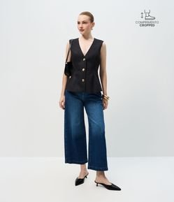 Calça Jeans Wide Cropped com  Cintura Alta