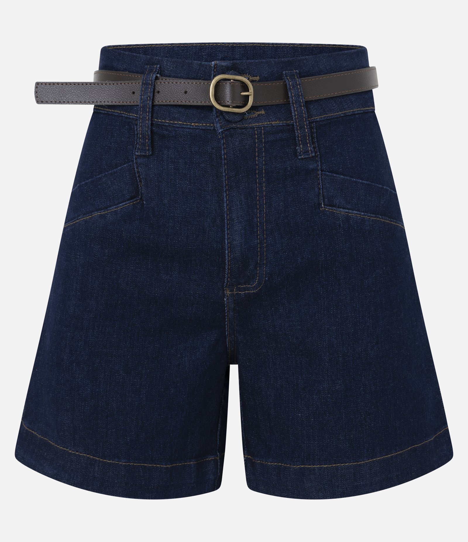 Short Jeans com Cintura Alta e Cinto em PU Azul Escuro 1