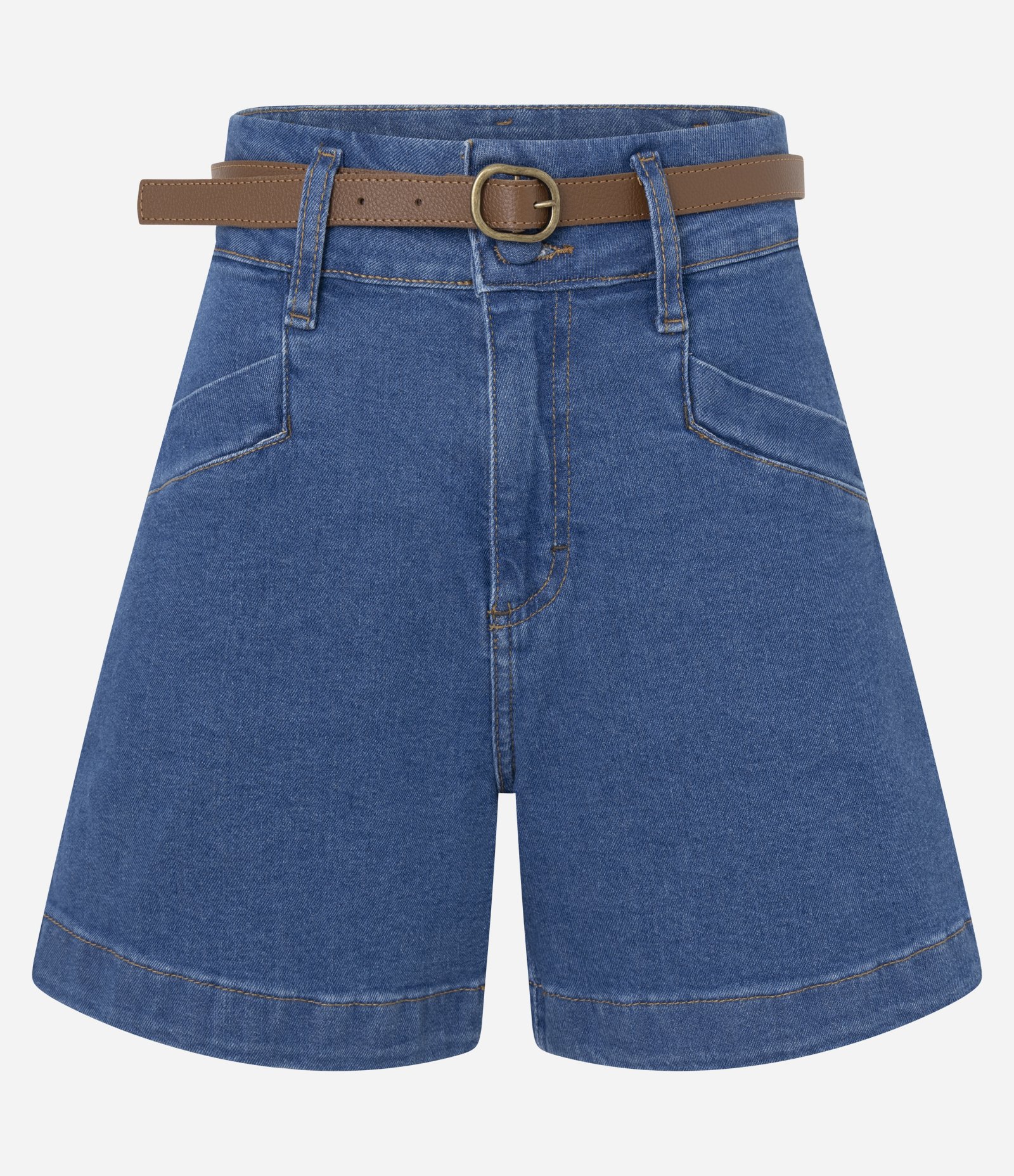 Short Jeans com Cintura Alta e Cinto em PU Azul Médio 1