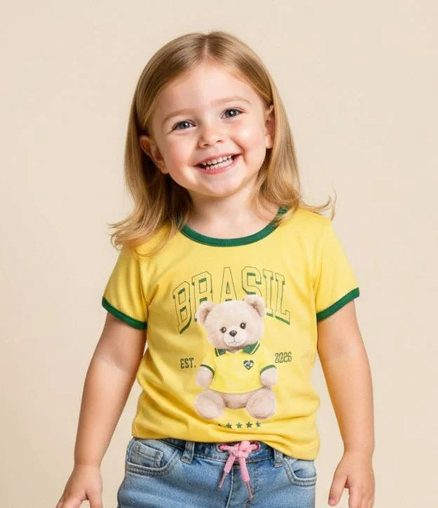 Camiseta Infantil com Estampa Urso Brasil  na Copa – Tam 1 a 6 Anos