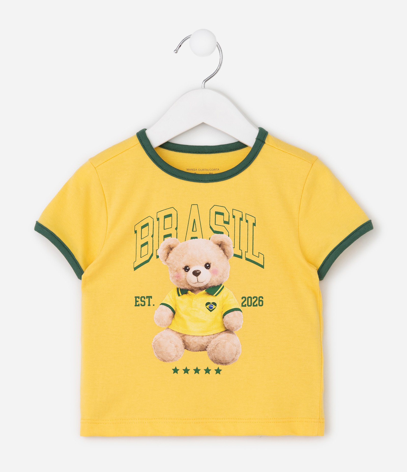 Camiseta Infantil com Estampa Urso Brasil  na Copa – Tam 1 a 6 Anos Amarelo 1