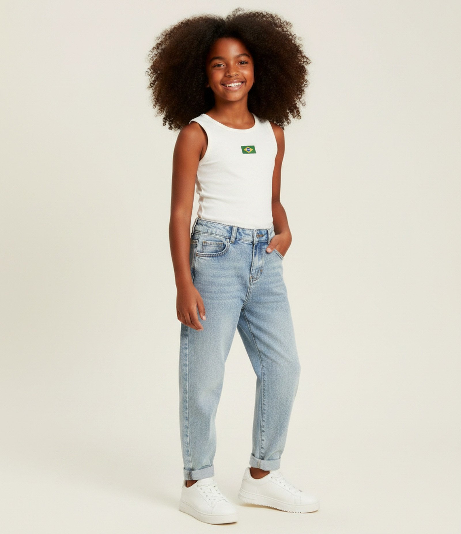 Regata Baby Look Infantil com Bandeira do Brasil – Tam 5 a 14 Anos Off White 1