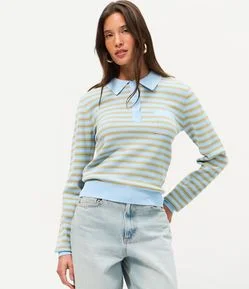 Blusa em Tricô Listrada com Gola Polo e Botões