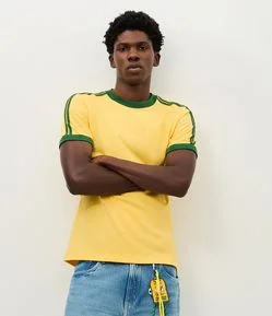 Camiseta Regular em Algodão com Listras Contrastantes