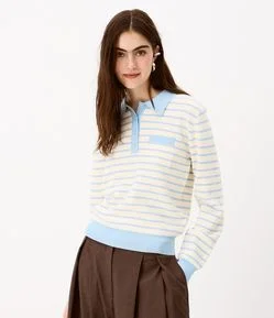 Blusa em Tricô Listrada com Gola Polo e Botões