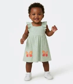 Vestido Bebê em Algodão com Estampa de Borboletas e Calcinha - Tam 0 a 18 Meses