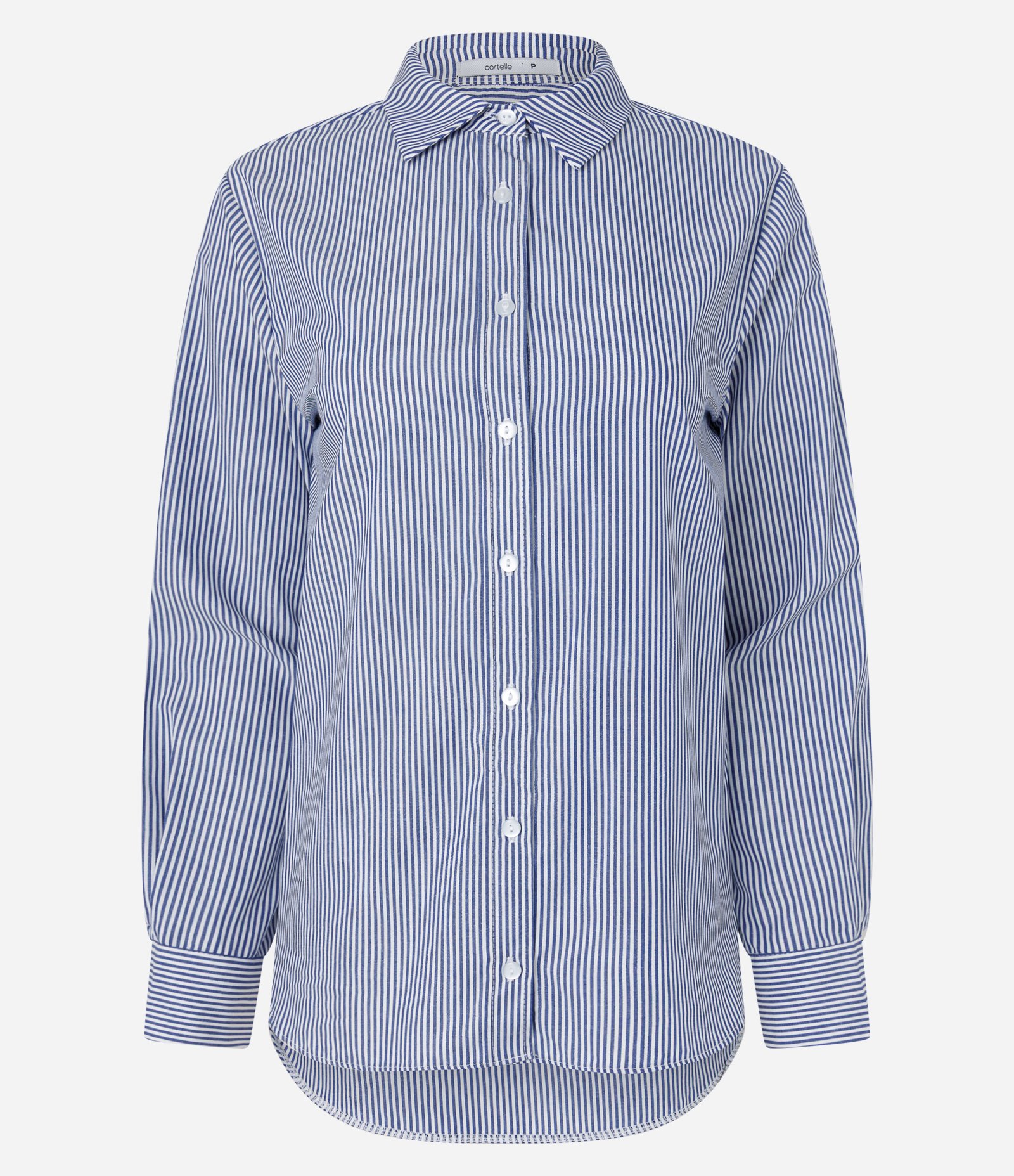 Camisa em Tricoline com Abotoamento e Estampa de Listras em Fio Tinto Branco/Roxo 1