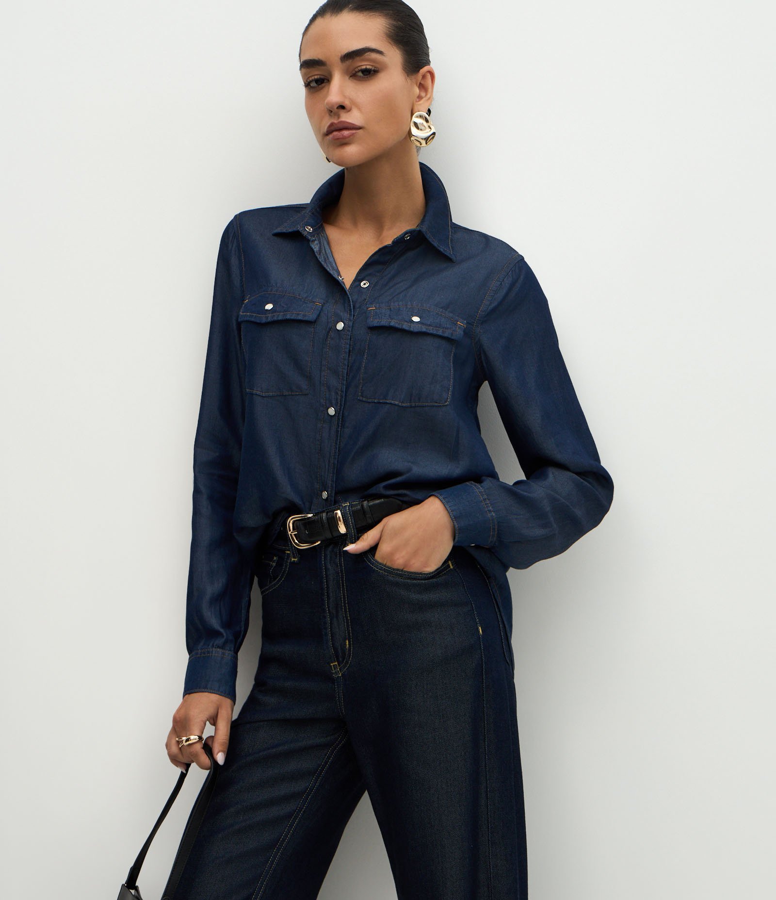 Camisa Western em Liocel com Bolsos Frontais Azul Escuro 1