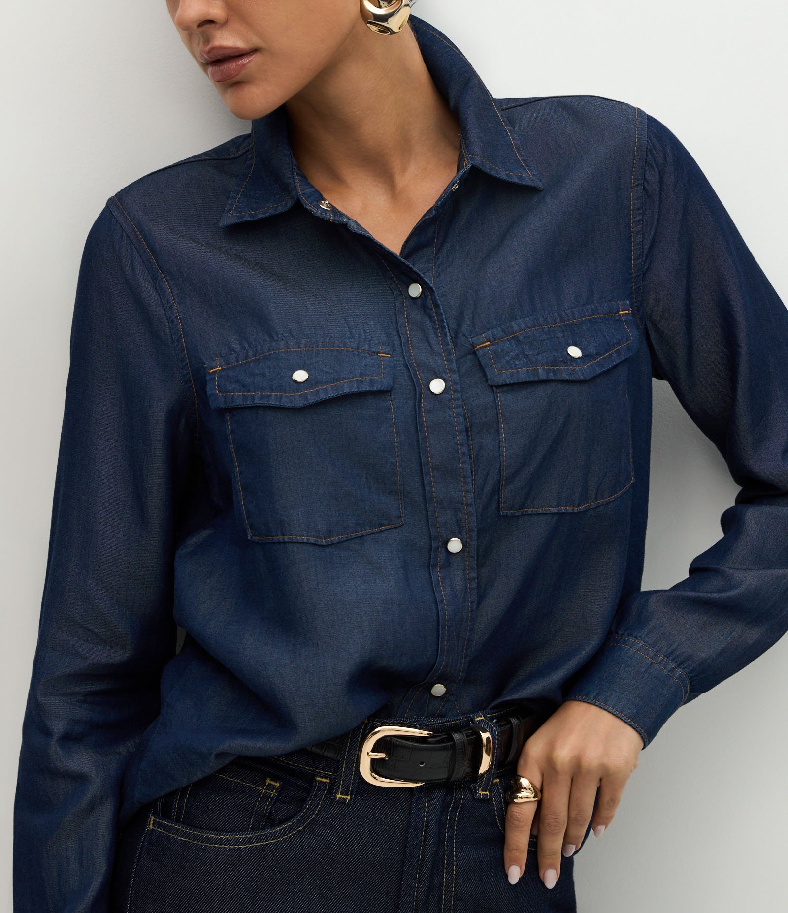 Camisa Western em Liocel com Bolsos Frontais Azul Escuro 4