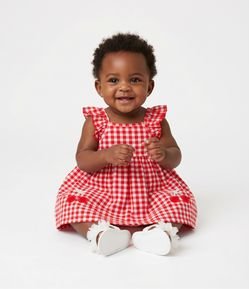 Vestido Infantil Em Algodão Xadrez com Bolsos Bordados - Tam 0 a 18 Meses