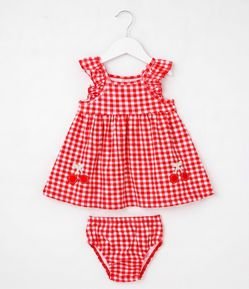 Vestido Infantil Em Algodão Xadrez com Bolsos Bordados - Tam 0 a 18 Meses