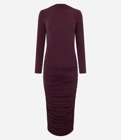 Vestido Midi em Microfibra com Decote Canoa e Franzidos Laterais