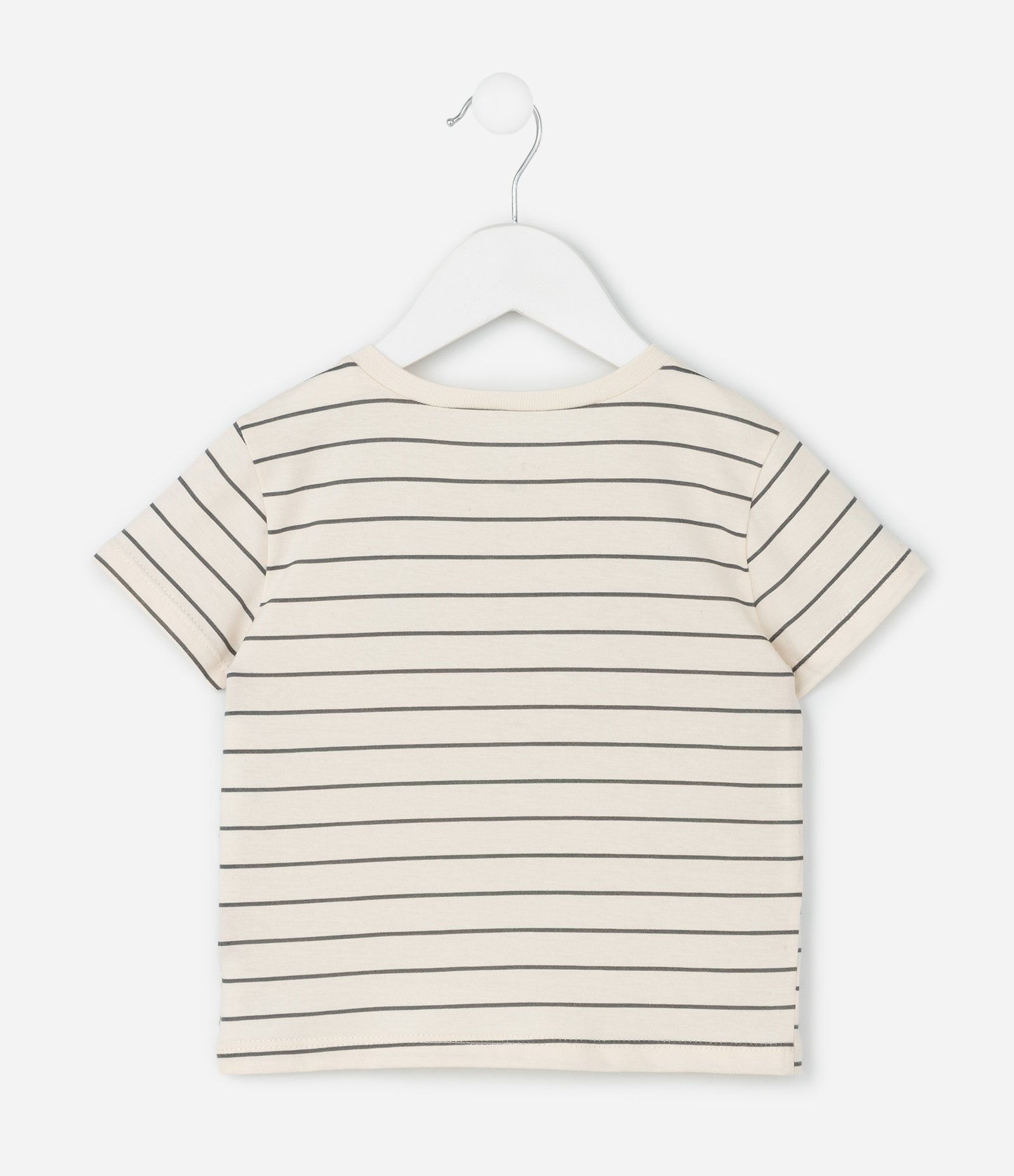 Camiseta Infantil Listrada com Estampa Trio de Amigos – Tam 1 a 6 Anos Bege/Preto 2