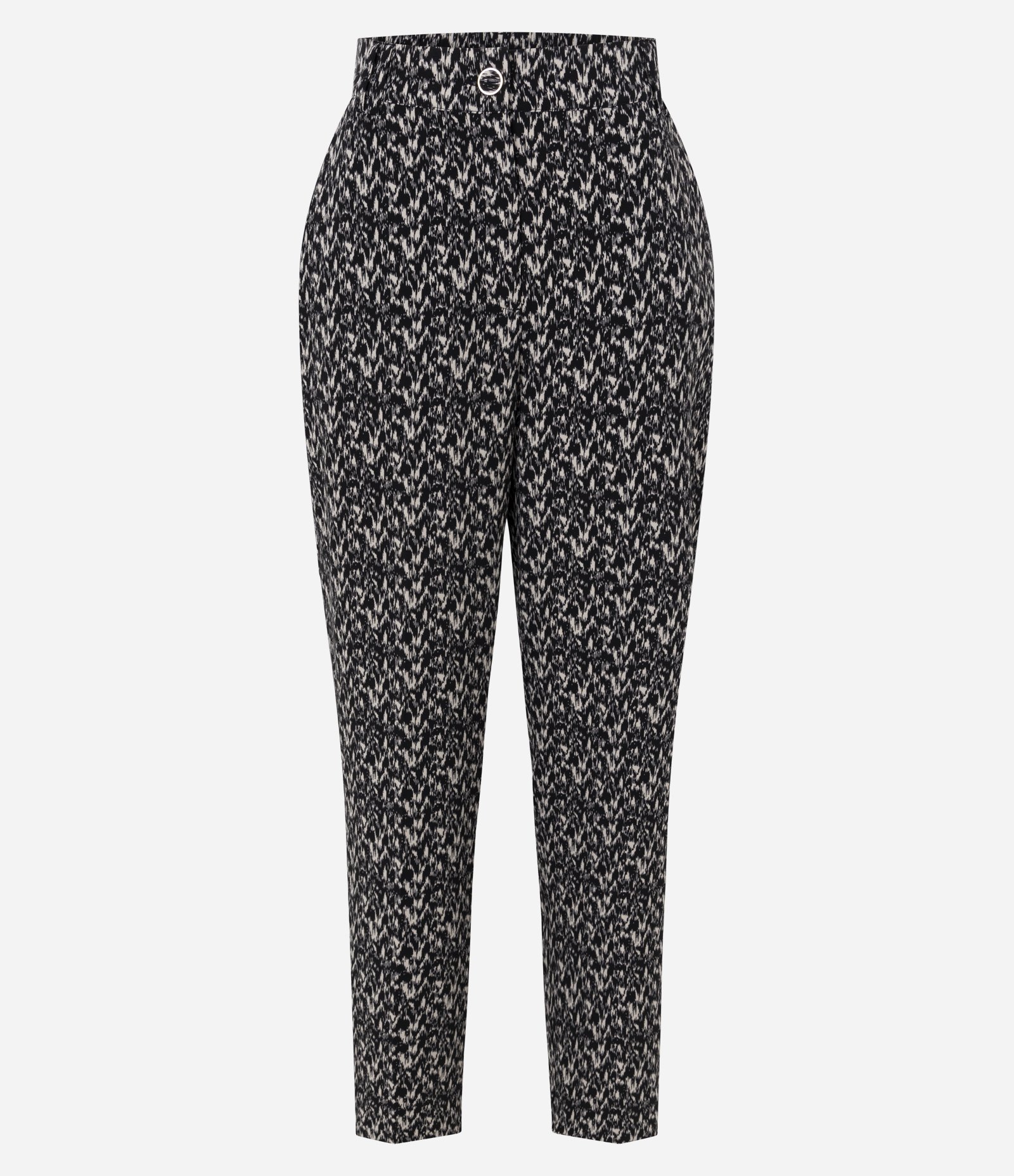 Calça Cenoura em Crepe com Estampa Geométrica e Cós Elástico Preto/Bege 1