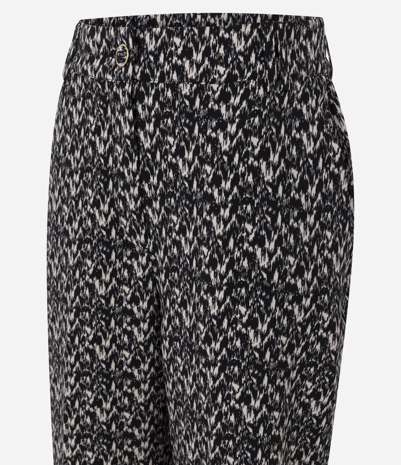 Calça Cenoura em Crepe com Estampa Geométrica e Cós Elástico Preto/Bege 2