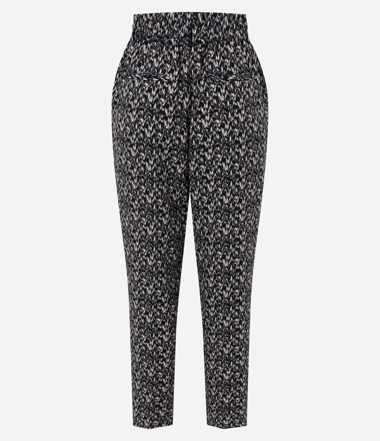 Calça Cenoura em Crepe com Estampa Geométrica e Cós Elástico Preto/Bege 3