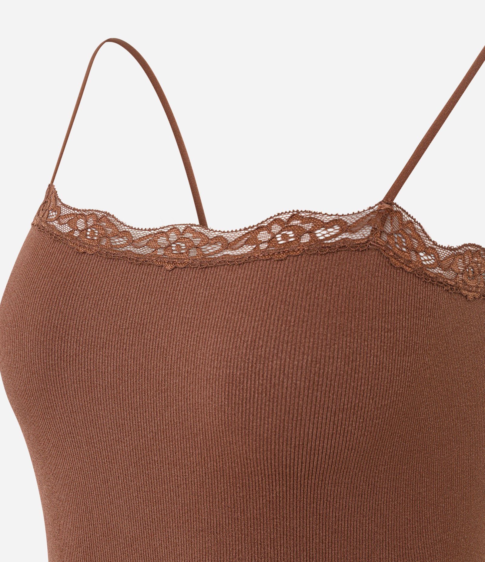 Camisete Sem Bojo em Poliamida Seamless com Rendinha Marrom 7