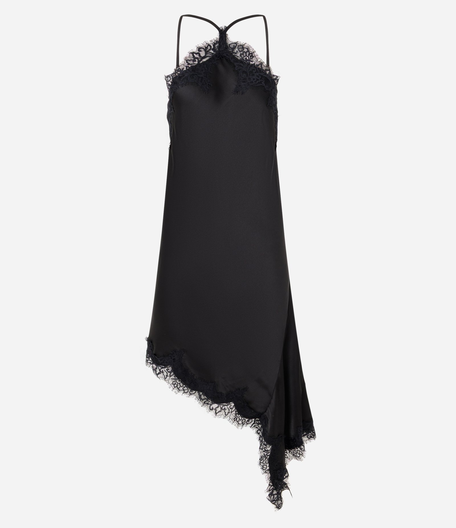 Vestido Cetim com Renda e Barra Assimétrica Preto 1