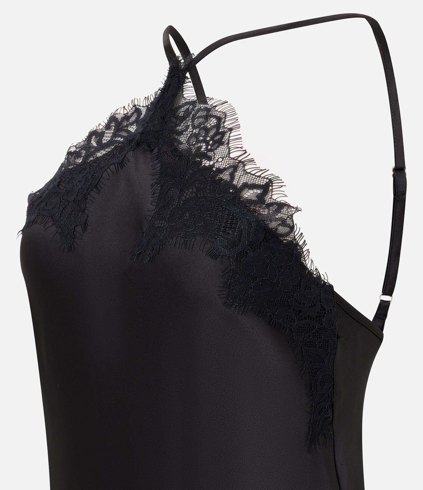 Vestido Cetim com Renda e Barra Assimétrica Preto 2