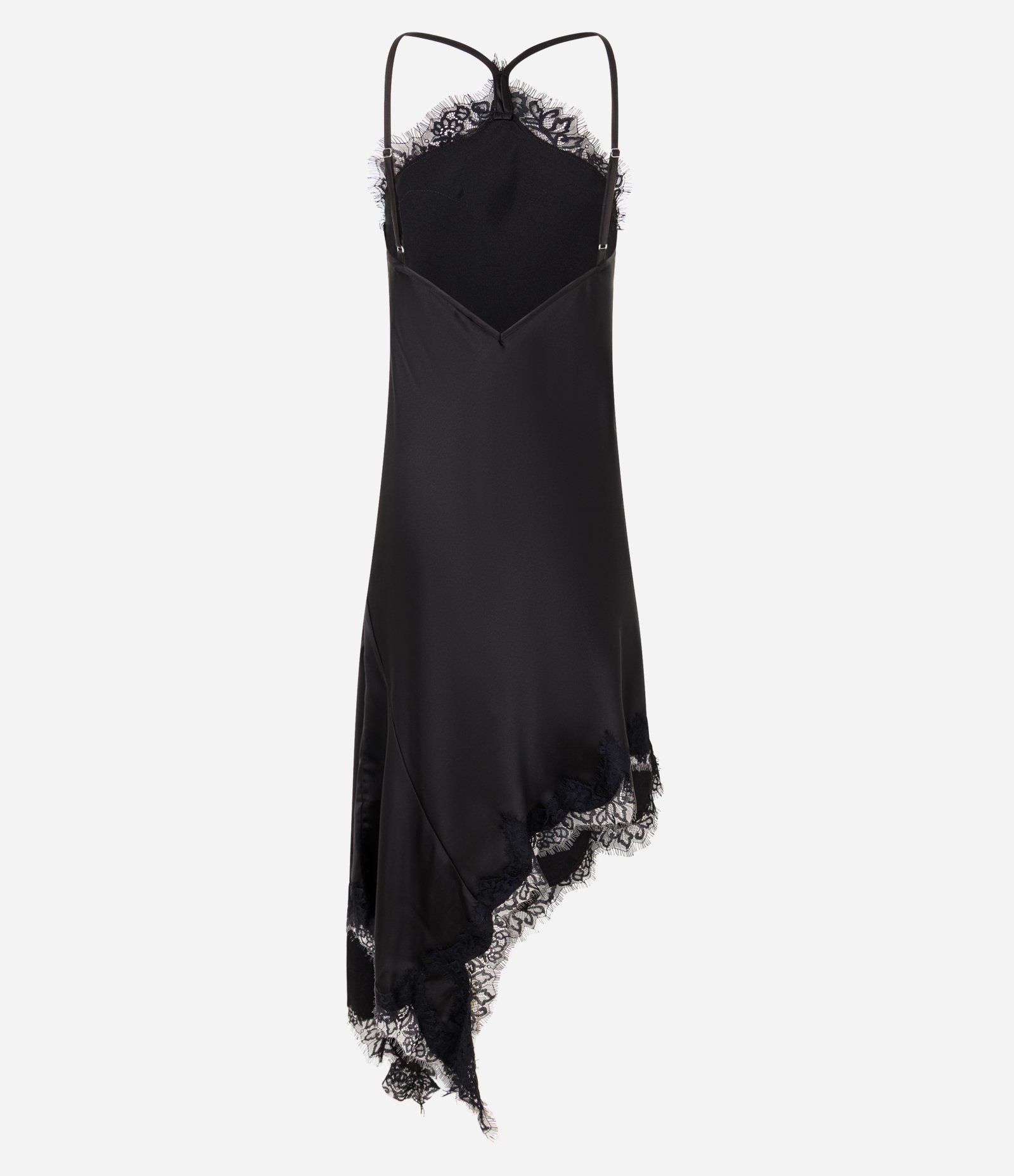 Vestido Cetim com Renda e Barra Assimétrica Preto 3