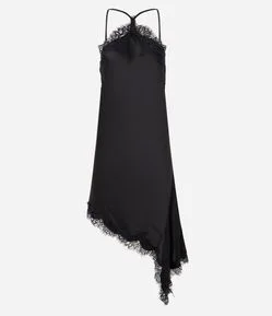 Vestido Cetim com Renda e Barra Assimétrica