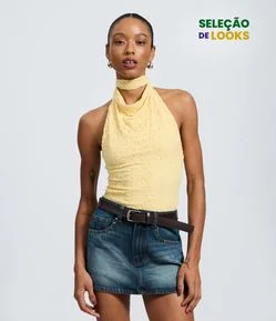 Blusa Frente Única em Renda Texturizada com Costas Abertas