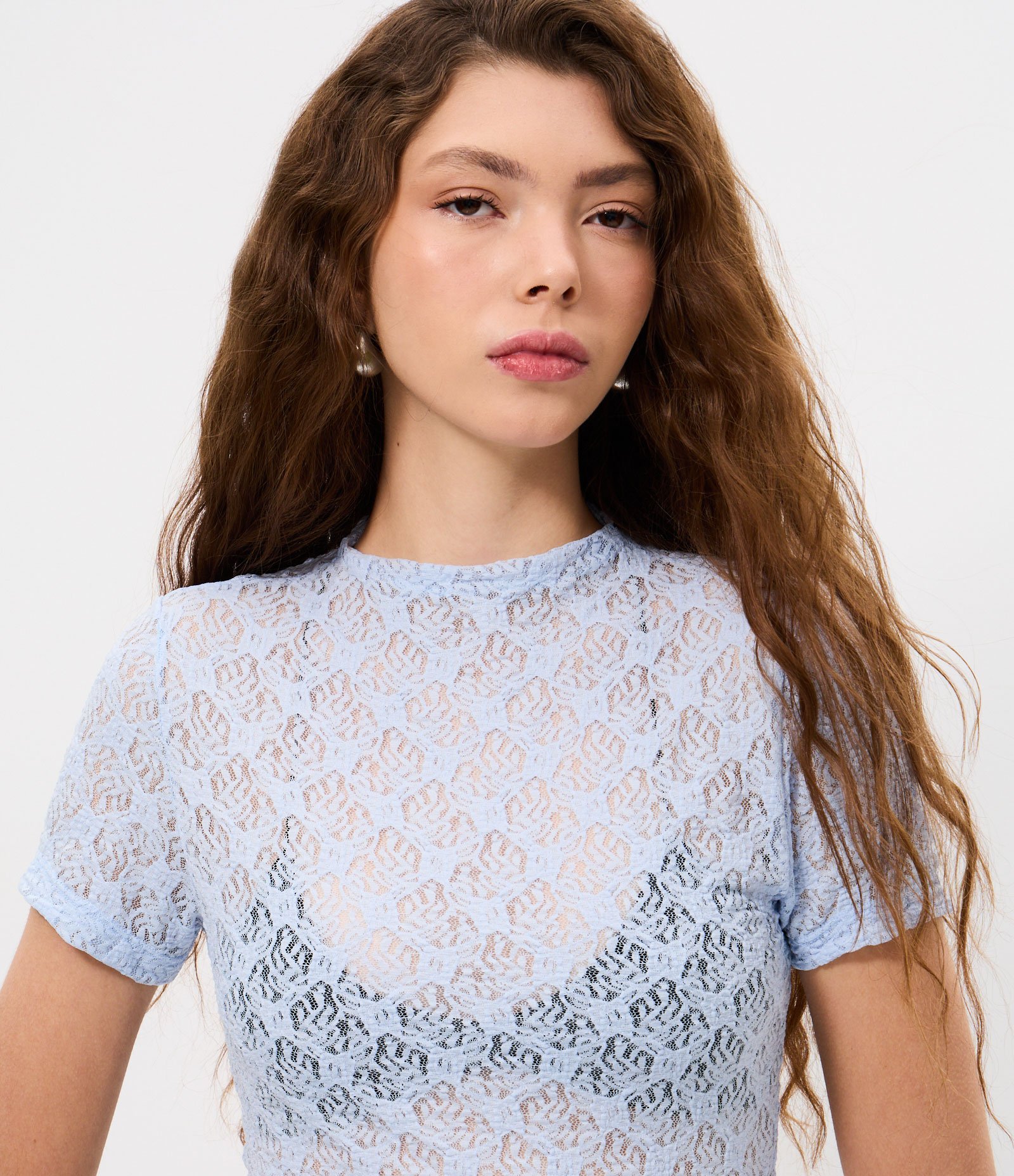 Blusa Manga Curta em Renda com Textura Floral Azul 3