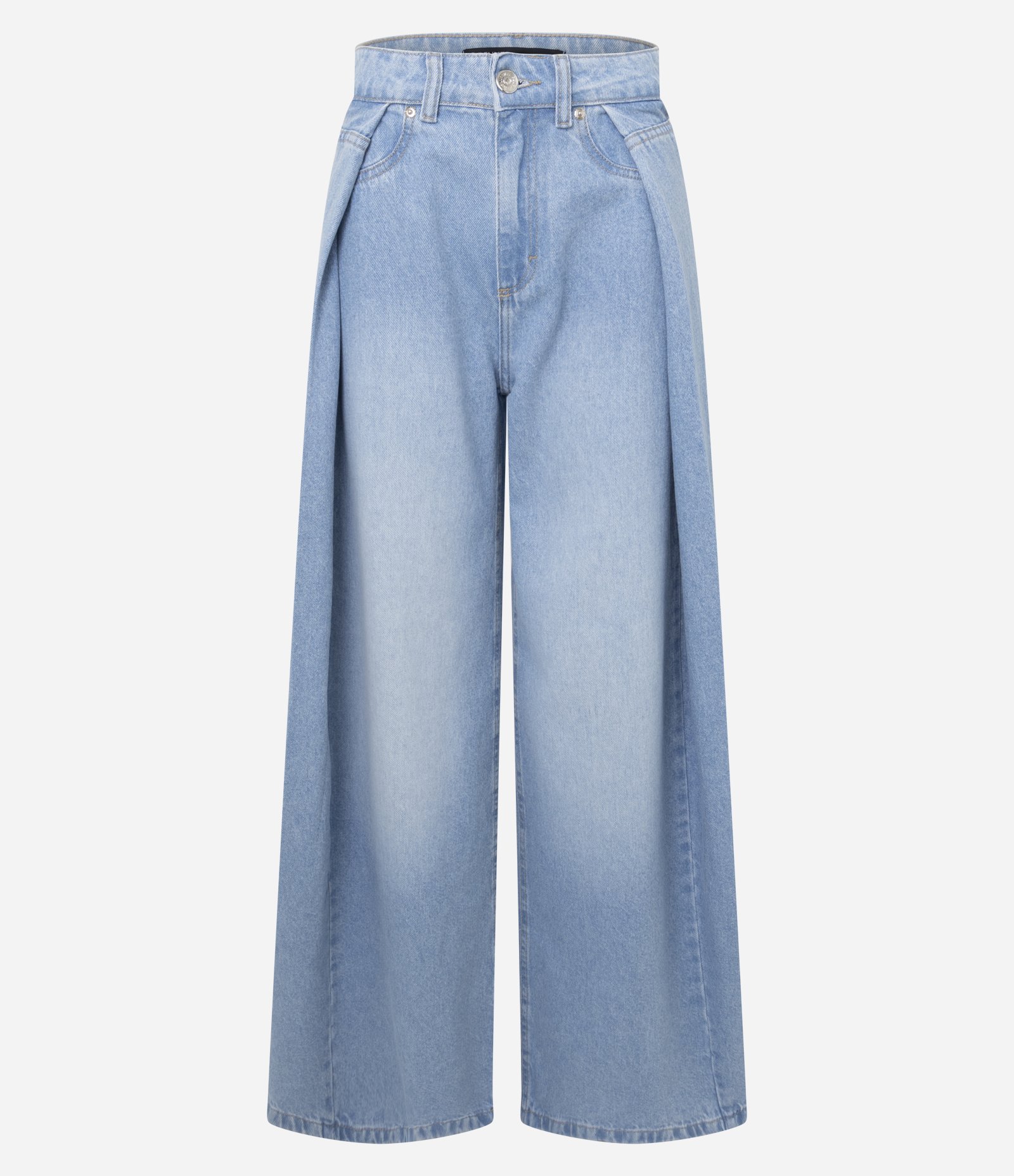 Calça Wide Leg em Jeans com Cintura Alta e Plissado Lateral Azul 5