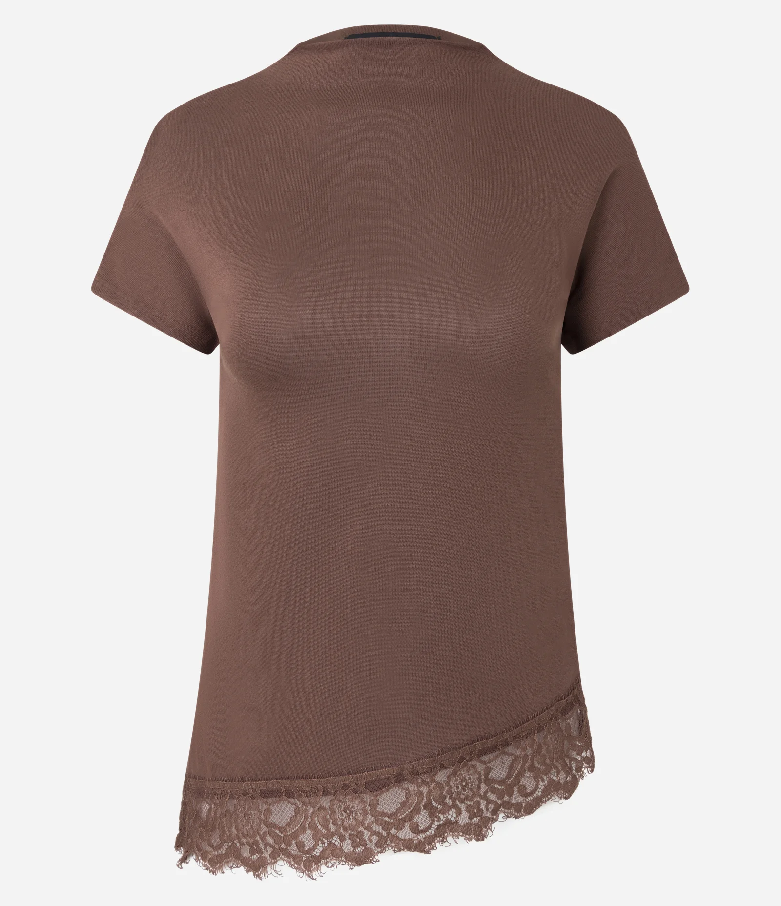 Blusa Manga Curta em Viscose com Gola Alta e Barra Rendada Marrom 5